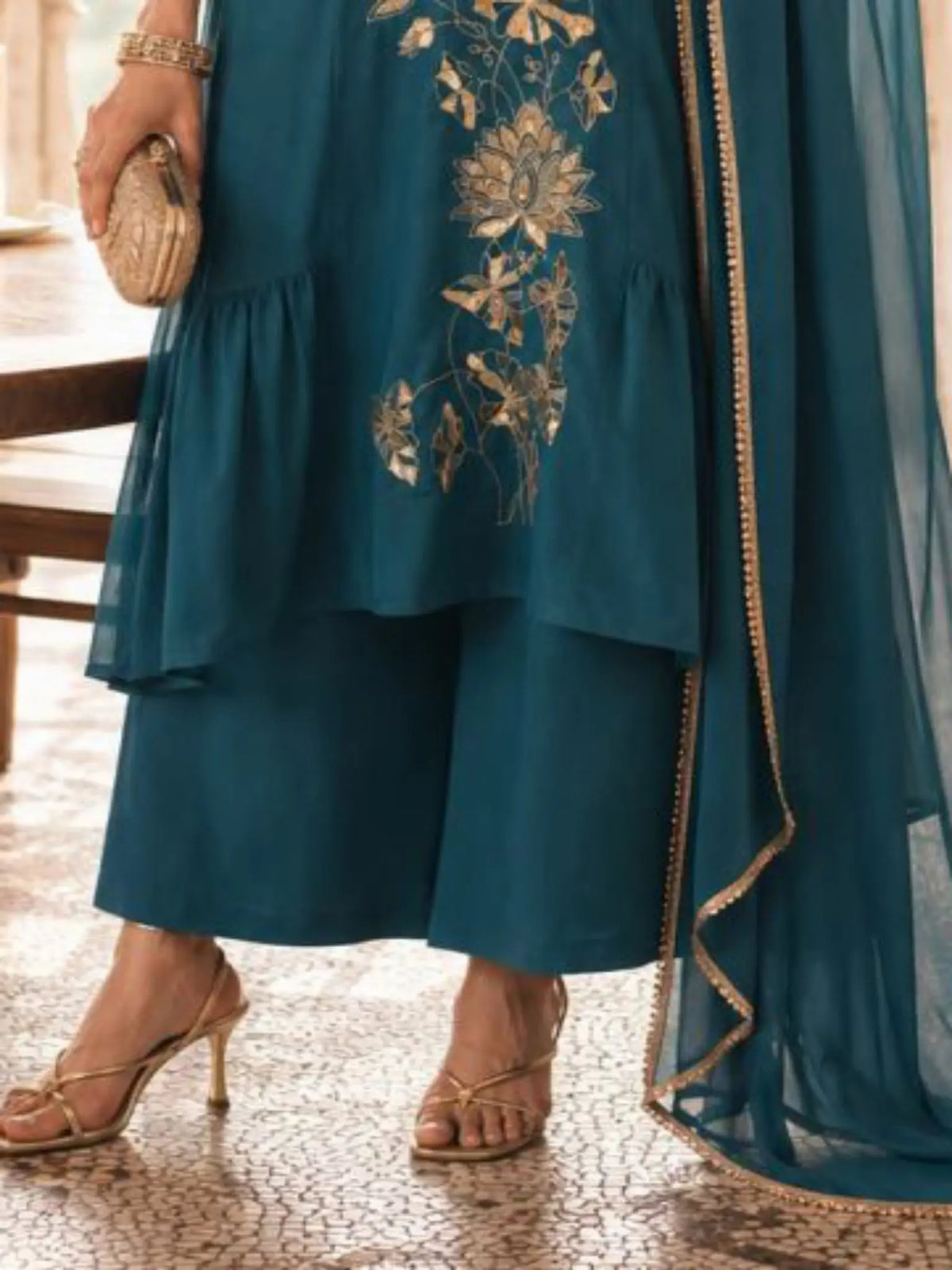 Teal Blue Embroidered Mul Chanderi Pant Suit Set - View 3