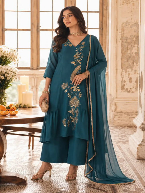 Teal Blue Embroidered Mul Chanderi Pant Suit Set - View 1