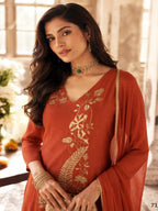 Rust Orange Embroidered Mul Chanderi Pant Suit Set - View 2