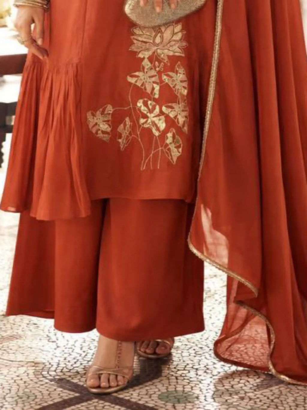 Rust Orange Embroidered Mul Chanderi Pant Suit Set - View 3