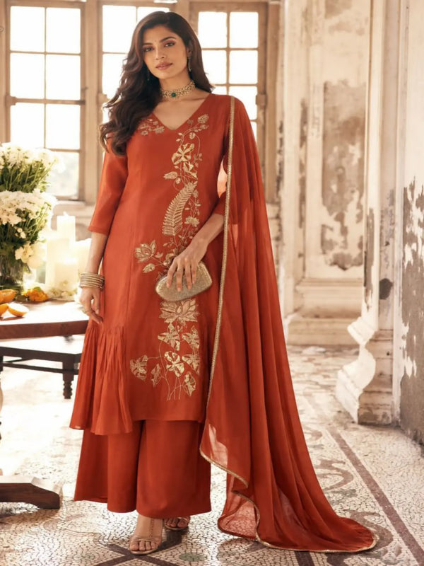 Rust Orange Embroidered Mul Chanderi Pant Suit Set - View 1