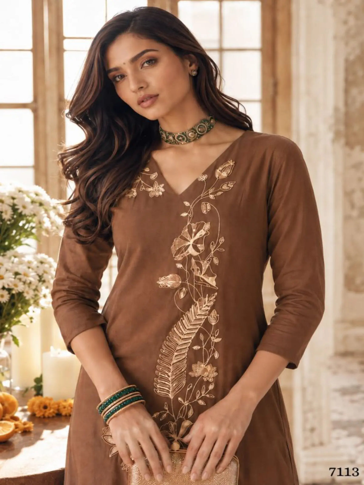 Mocha Brown Embroidered Mul Chanderi Pant Suit Set - View 2