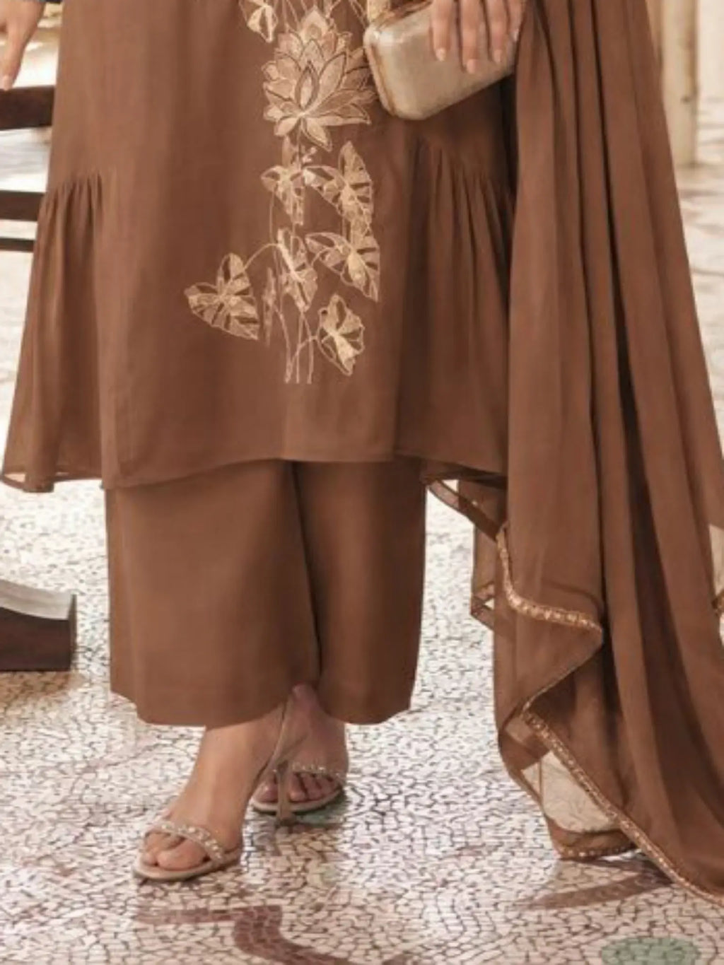 Mocha Brown Embroidered Mul Chanderi Pant Suit Set - View 3