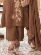 Mocha Brown Embroidered Mul Chanderi Pant Suit Set - View 3