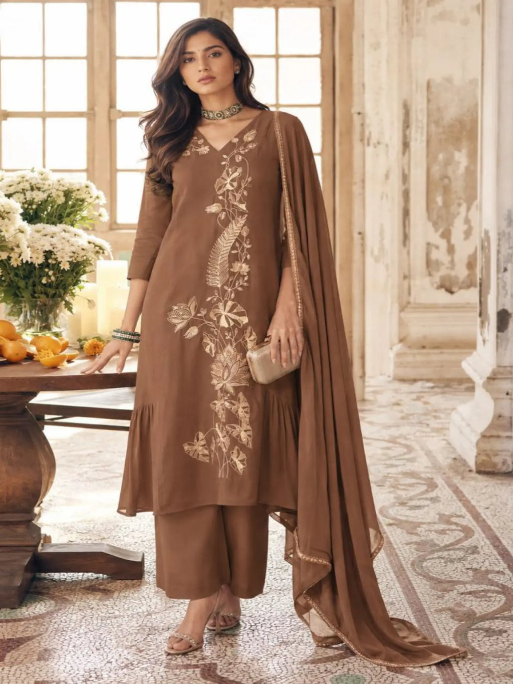 Mocha Brown Embroidered Mul Chanderi Pant Suit Set - View 1