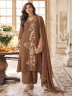 Mocha Brown Embroidered Mul Chanderi Pant Suit Set - View 1