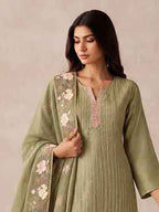 Intricate Floral Embroidery on Sage Green Shimmer Silk Kurta - close-up view