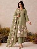 Sage Green Shimmer Silk Floral Embroidered Pant Suit Set