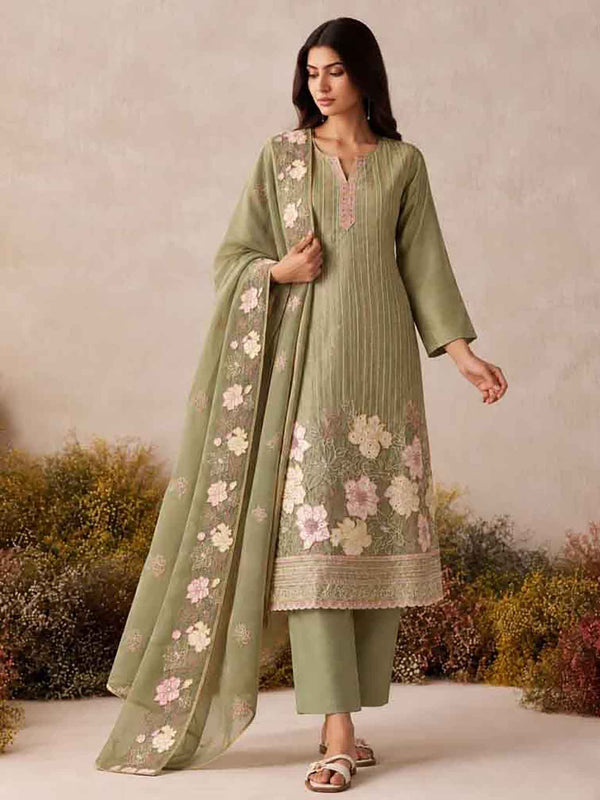 Sage Green Shimmer Silk Pant Suit Set front drape view - Naksh Creation