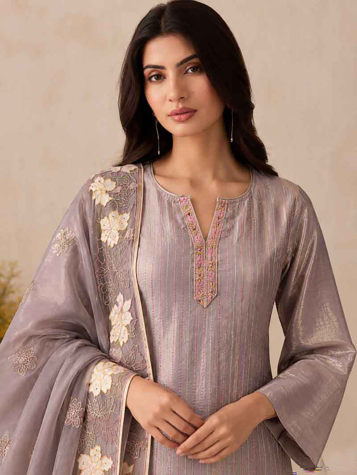 Intricate Floral Embroidery on Mauve Purple Shimmer Silk Kurta - close-up view