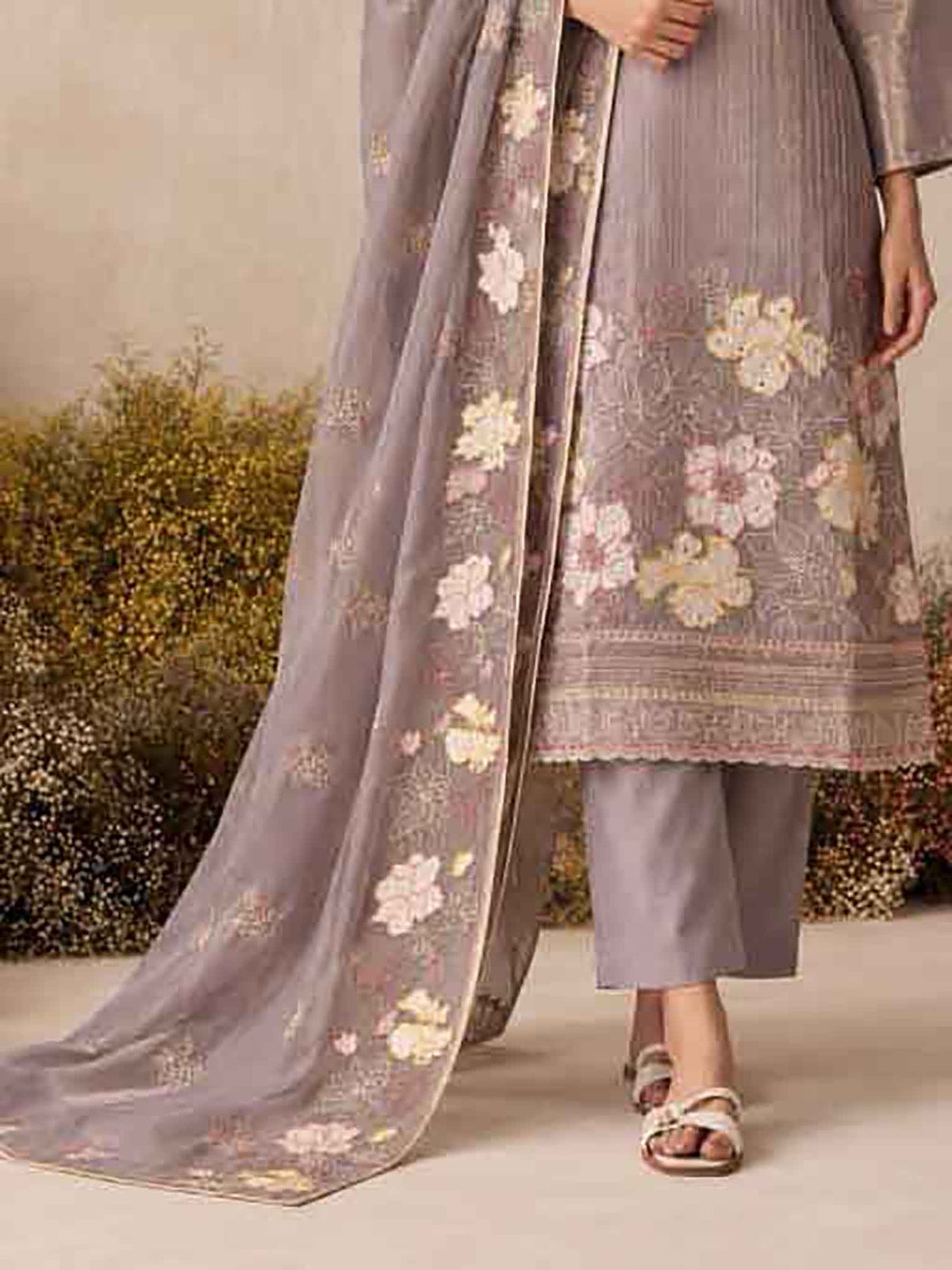 Matching santoon trousers and pure chiffon dupatta for Mauve Purple Pant Suit