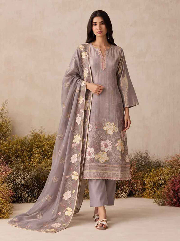 Mauve Purple Shimmer Silk Pant Suit Set front drape view - Naksh Creation