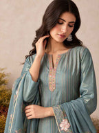 Intricate Floral Embroidery on Slate Teal Blue Shimmer Silk Kurta - close-up view