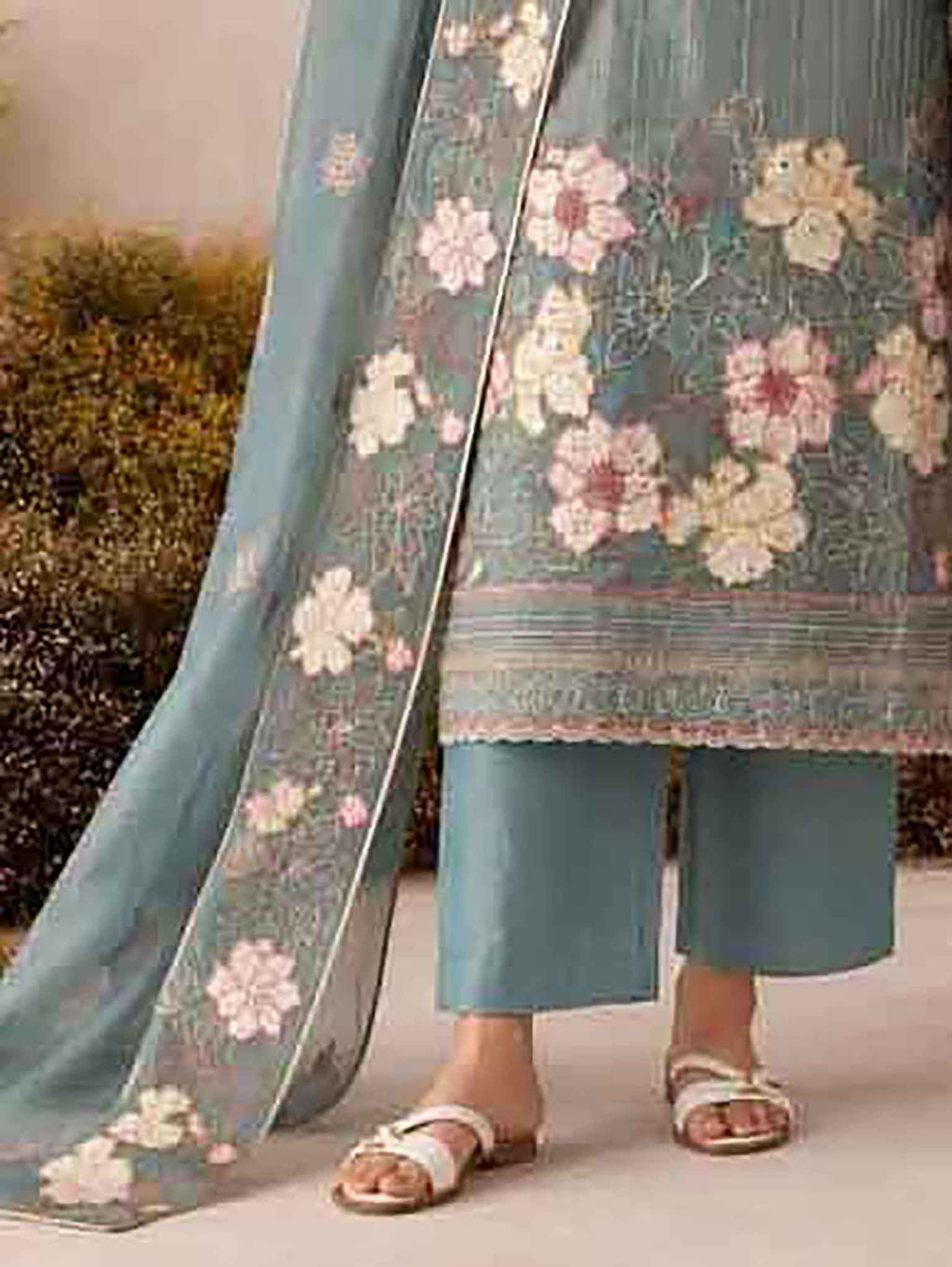 Matching santoon trousers and pure chiffon dupatta for Slate Teal Blue Pant Suit