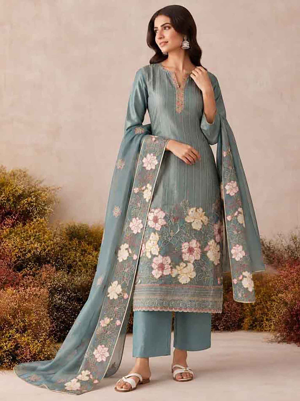 Slate Teal Blue Shimmer Silk Pant Suit Set front drape view - Naksh Creation