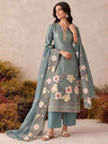 Slate Teal Blue Shimmer Silk Floral Embroidered Suit Set