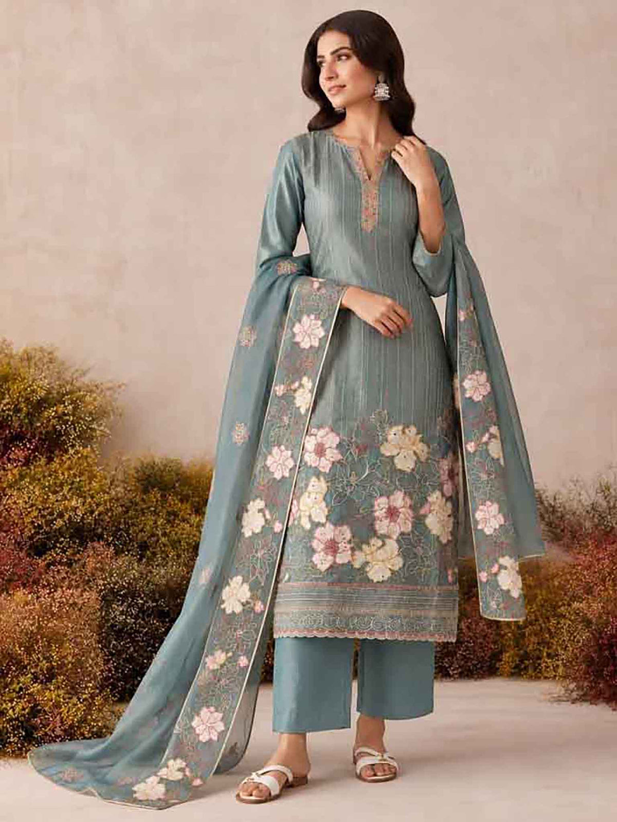 Slate Teal Blue Shimmer Silk Pant Suit Set front drape view - Naksh Creation
