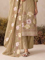 Intricate Floral Embroidery on Beige Fawn Shimmer Silk Kurta - close-up view