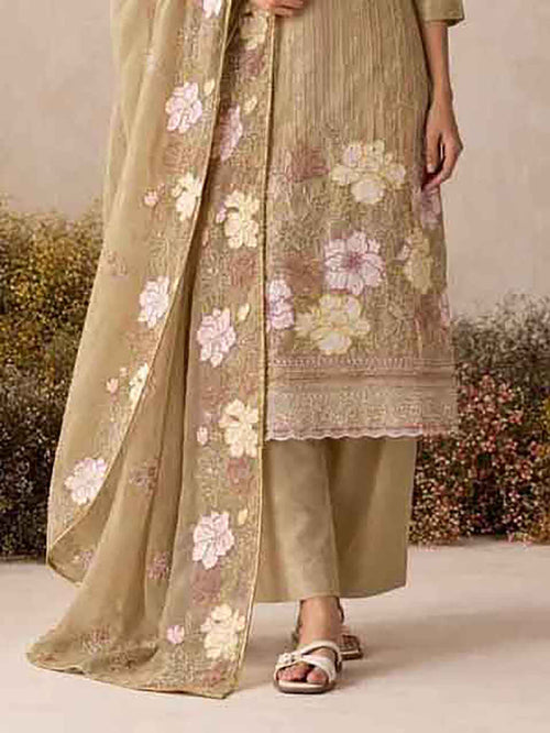 Intricate Floral Embroidery on Beige Fawn Shimmer Silk Kurta - close-up view