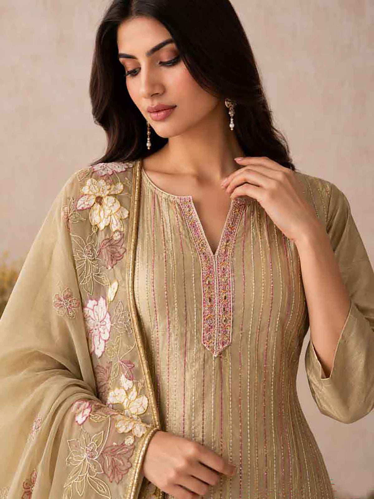 Matching santoon trousers and pure chiffon dupatta for Beige Fawn Pant Suit