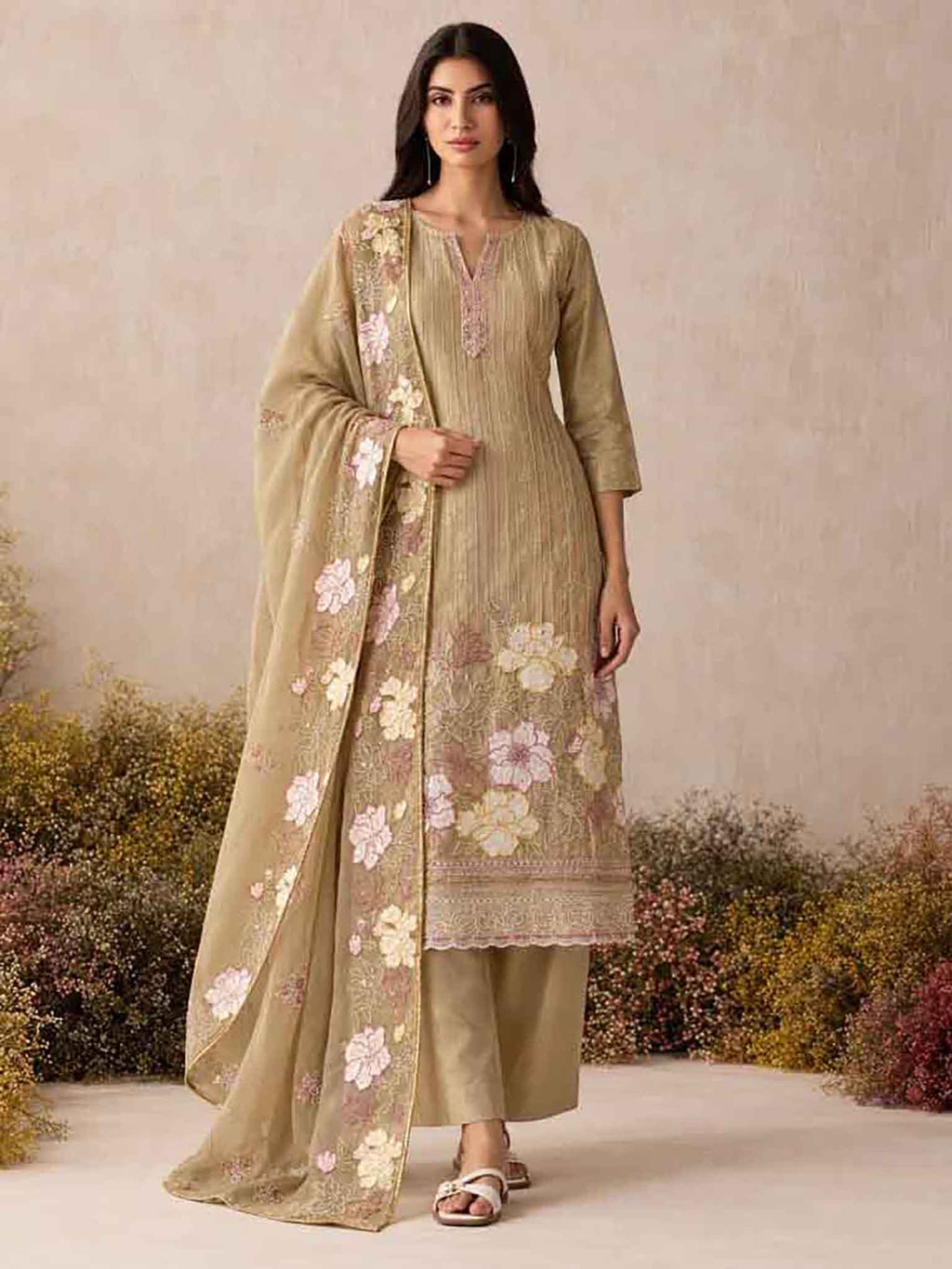 Beige Fawn Shimmer Silk Pant Suit Set front drape view - Naksh Creation
