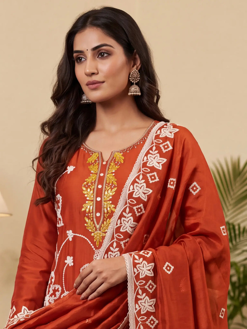Rust Orange Embroidered PV Cotton Silk Unstitched Salwar Kameez Suit Material - View 2