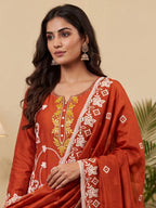 Rust Orange Embroidered PV Cotton Silk Unstitched Salwar Kameez Suit Material - View 2