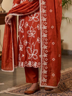 Rust Orange Embroidered PV Cotton Silk Unstitched Salwar Kameez Suit Material - View 3