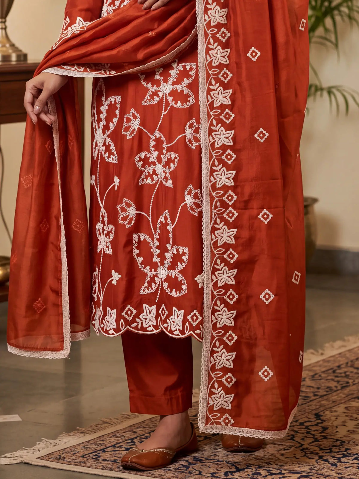Rust Orange Embroidered PV Cotton Silk Unstitched Salwar Kameez Suit Material - View 3