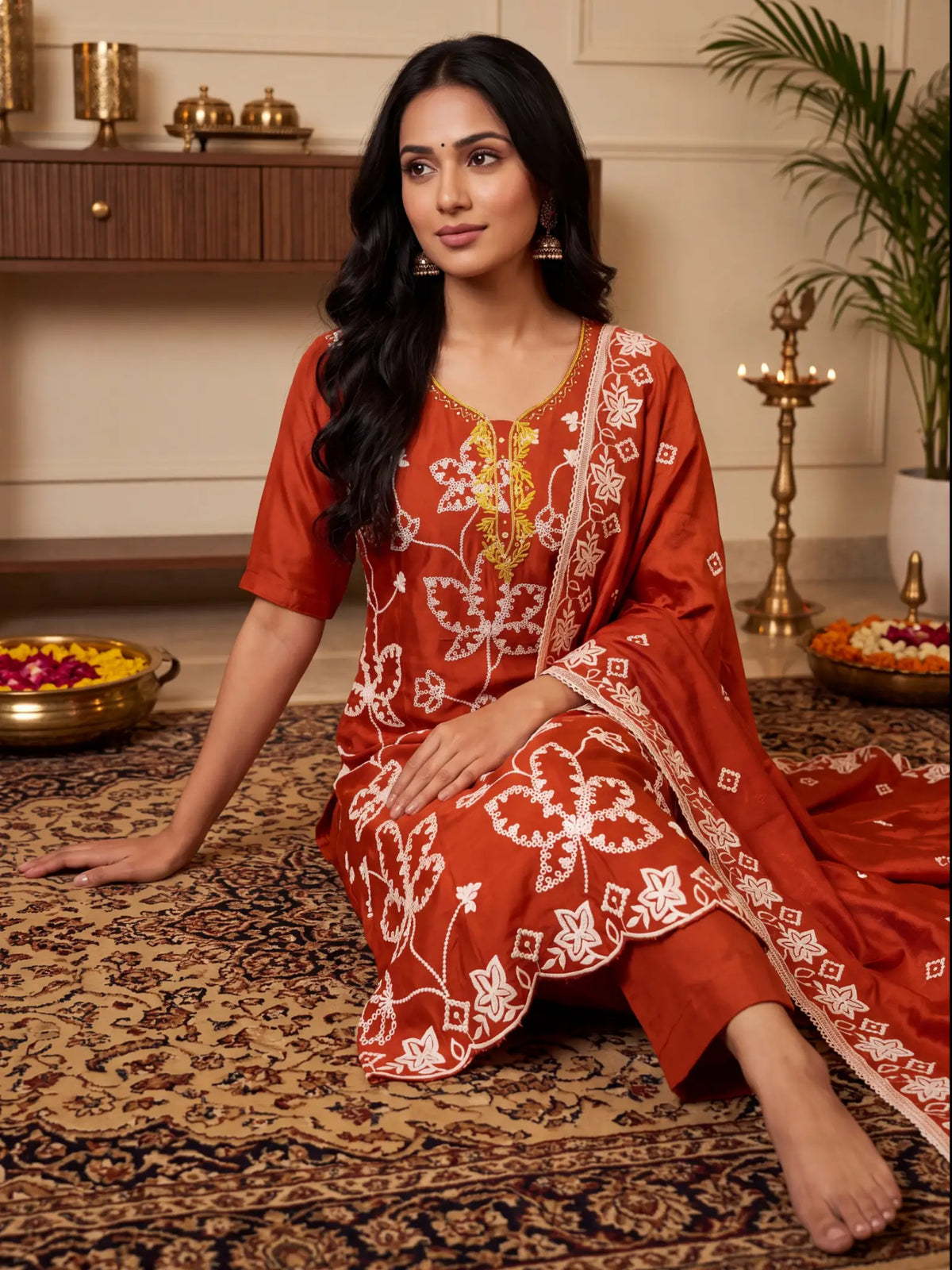 Rust Orange Embroidered PV Cotton Silk Unstitched Salwar Kameez Suit Material - View 4