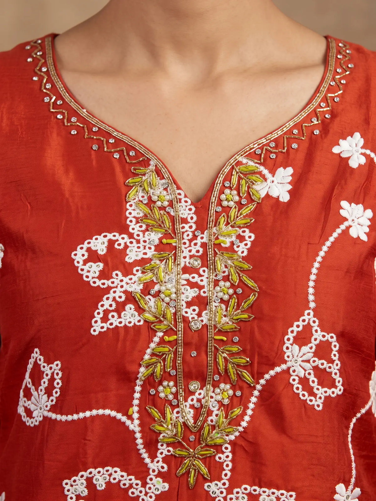 Rust Orange Embroidered PV Cotton Silk Unstitched Salwar Kameez Suit Material - View 5