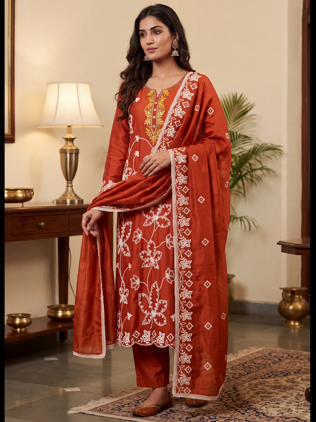 Rust Orange Embroidered PV Cotton Silk Unstitched Salwar Kameez Suit Material - View 1