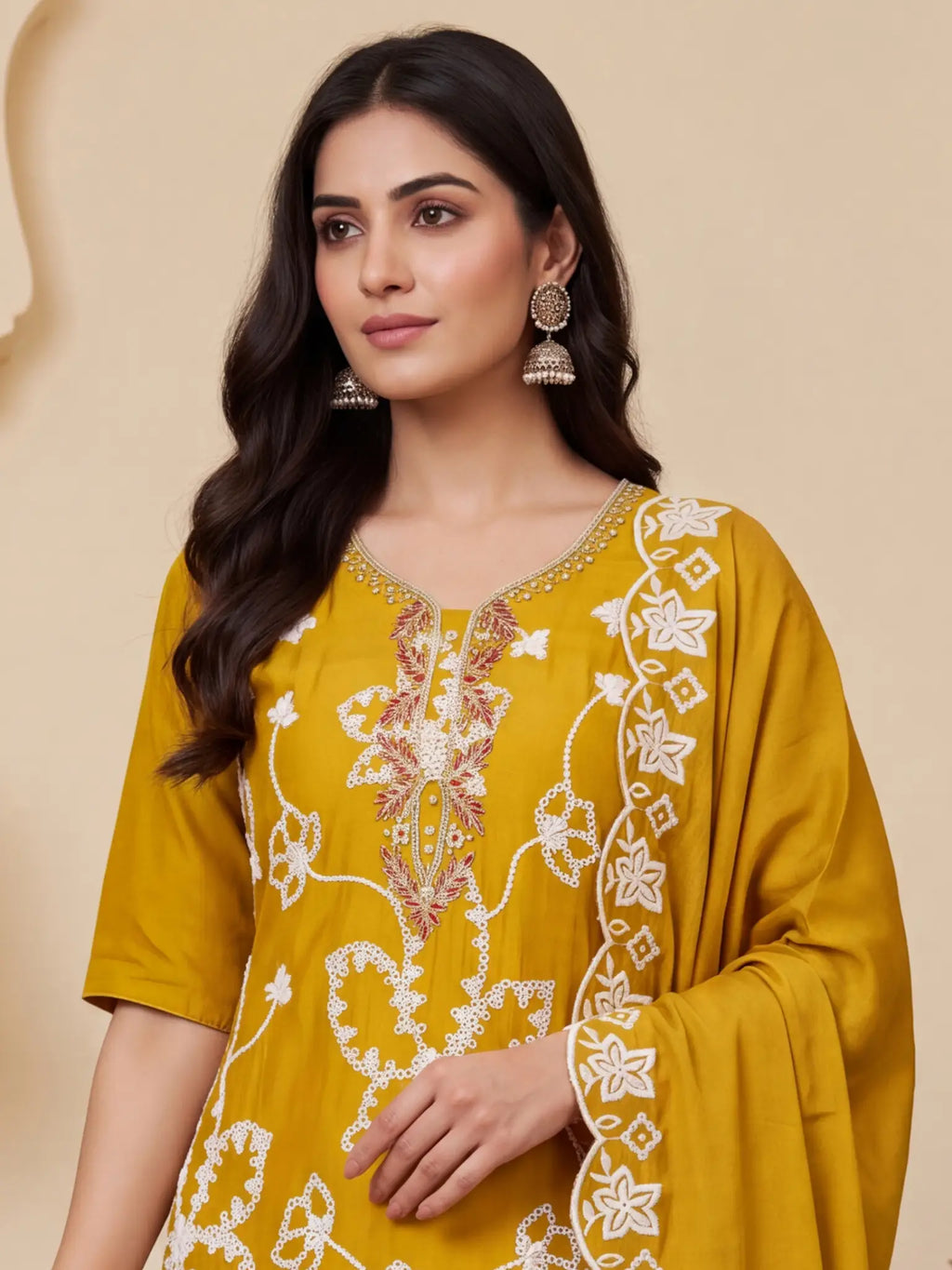 Mustard Yellow Embroidered PV Cotton Silk Unstitched Salwar Kameez Suit Material - View 2