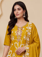Mustard Yellow Embroidered PV Cotton Silk Unstitched Salwar Kameez Suit Material - View 2