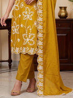 Mustard Yellow Embroidered PV Cotton Silk Unstitched Salwar Kameez Suit Material - View 3