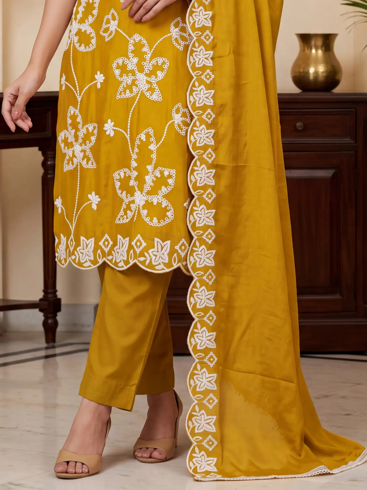 Mustard Yellow Embroidered PV Cotton Silk Unstitched Salwar Kameez Suit Material - View 3