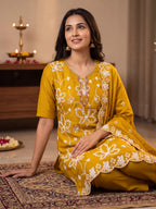 Mustard Yellow Embroidered PV Cotton Silk Unstitched Salwar Kameez Suit Material - View 4