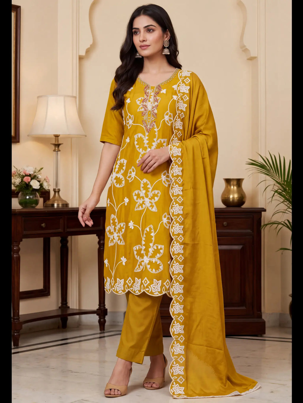 Mustard Yellow Embroidered PV Cotton Silk Unstitched Salwar Kameez Suit Material - View 1