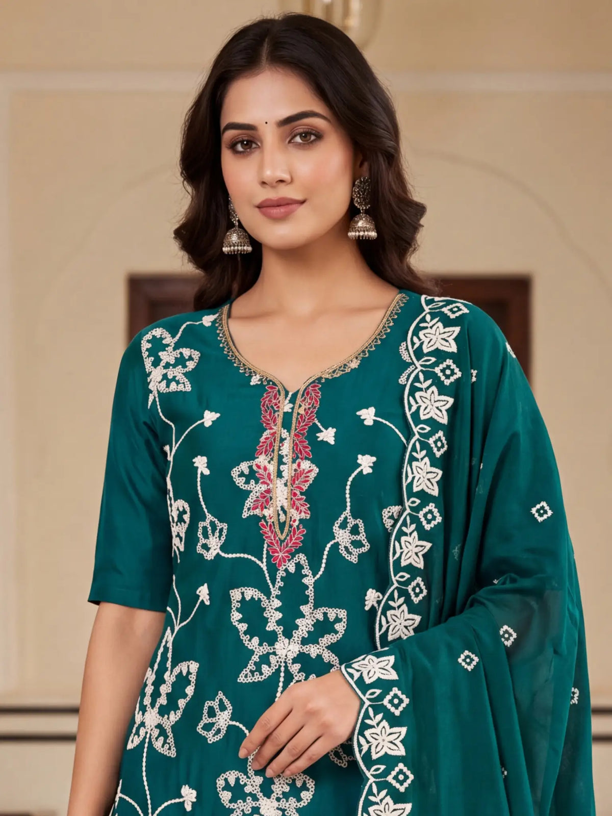 Peacock Green Embroidered PV Cotton Silk Unstitched Salwar Kameez Suit Material - View 2