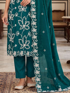 Peacock Green Embroidered PV Cotton Silk Unstitched Salwar Kameez Suit Material - View 3