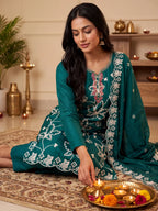 Peacock Green Embroidered PV Cotton Silk Unstitched Salwar Kameez Suit Material - View 4