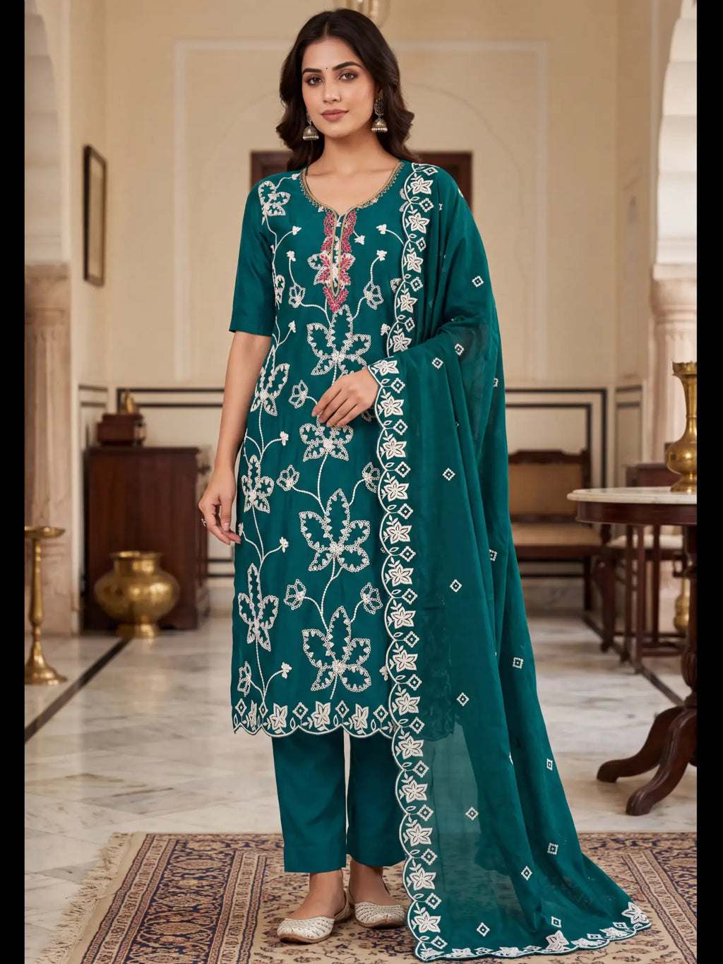 Peacock Green Embroidered PV Cotton Silk Unstitched Salwar Kameez Suit Material - View 1