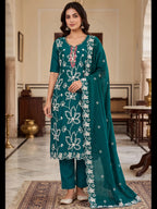 Peacock Green Embroidered PV Cotton Silk Unstitched Salwar Kameez Suit Material - View 1