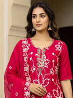 Rani Pink Embroidered PV Cotton Silk Unstitched Salwar Kameez Suit Material - View 2