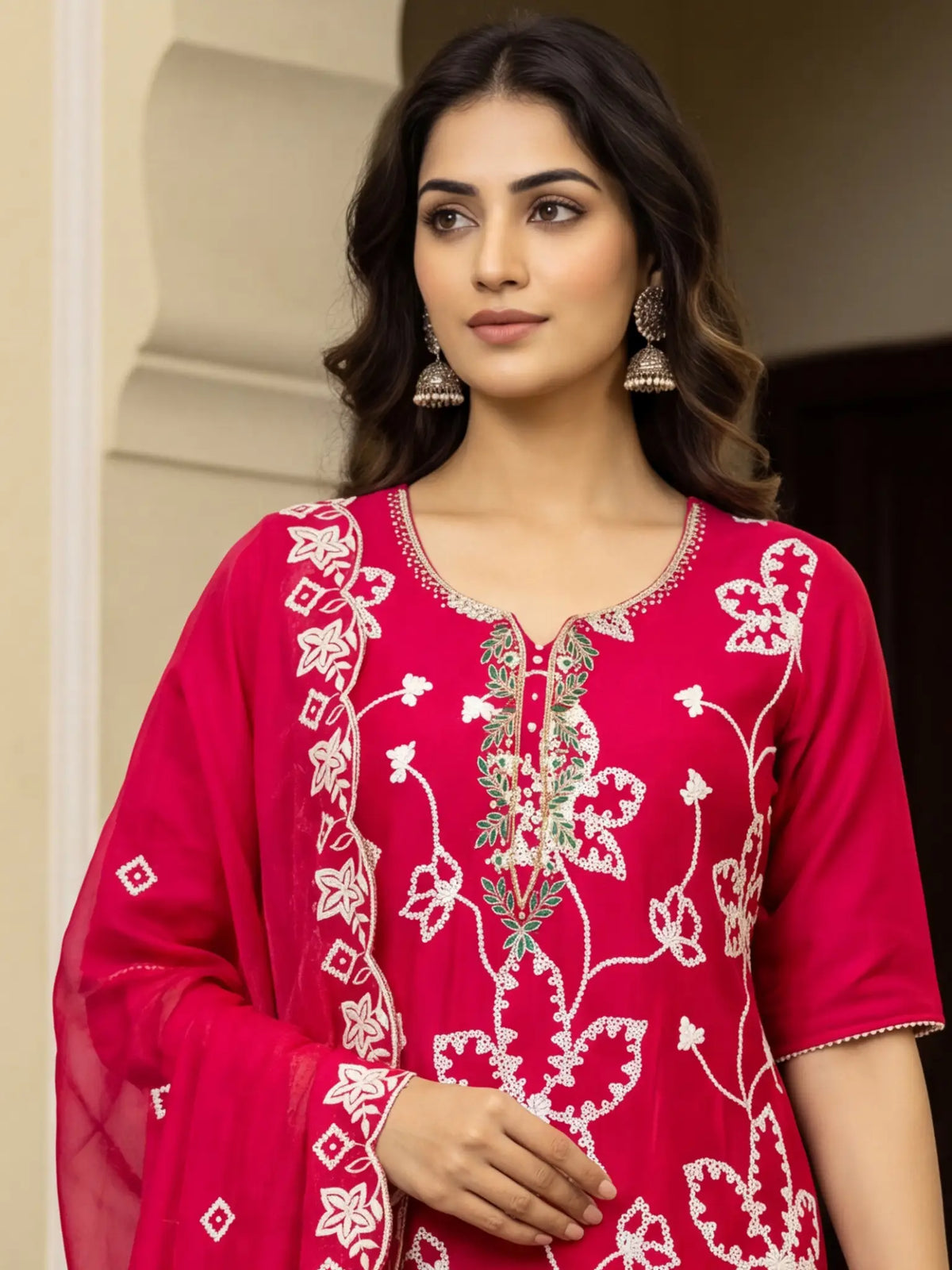 Rani Pink Embroidered PV Cotton Silk Unstitched Salwar Kameez Suit Material - View 2