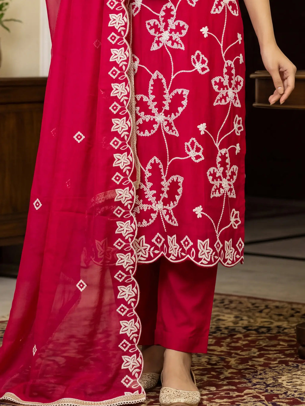 Rani Pink Embroidered PV Cotton Silk Unstitched Salwar Kameez Suit Material - View 3