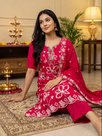 Rani Pink Embroidered PV Cotton Silk Unstitched Salwar Kameez Suit Material - View 4