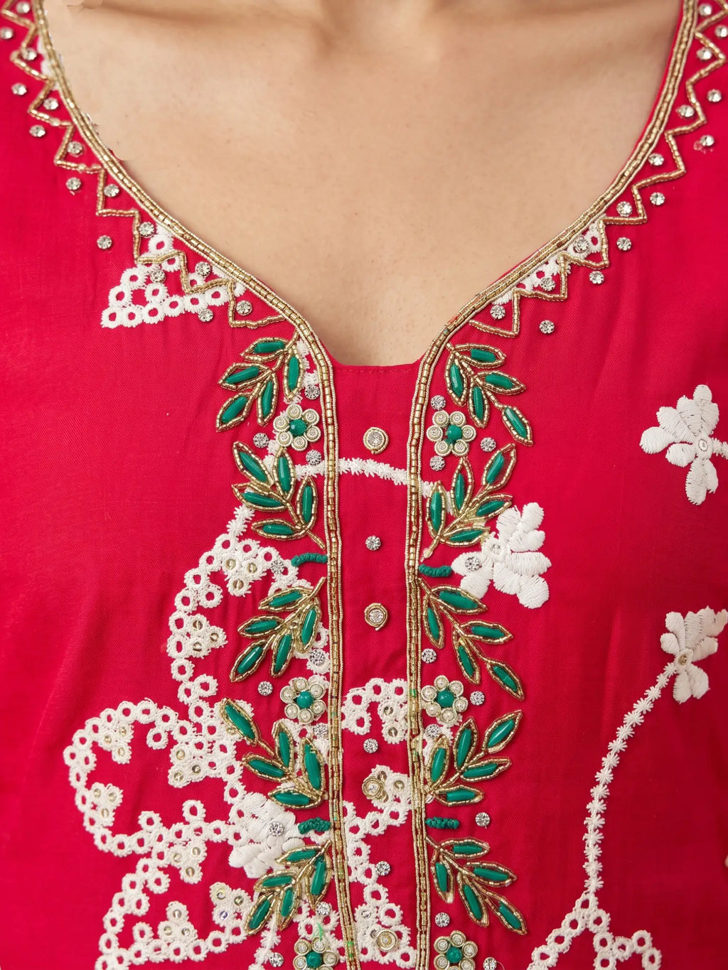 Rani Pink Embroidered PV Cotton Silk Unstitched Salwar Kameez Suit Material - View 5