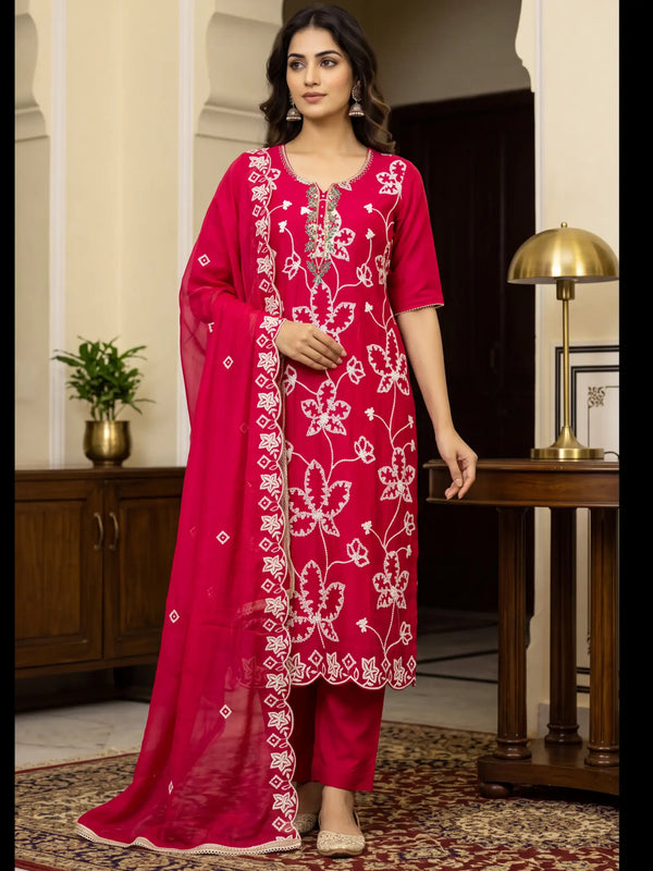 Rani Pink Embroidered PV Cotton Silk Unstitched Salwar Kameez Suit Material - View 1