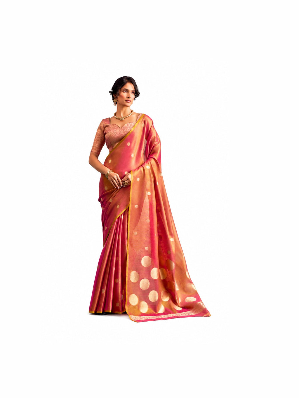 Coral Pink Tissue Silk Saree Blouse Detail - Naksh Creation